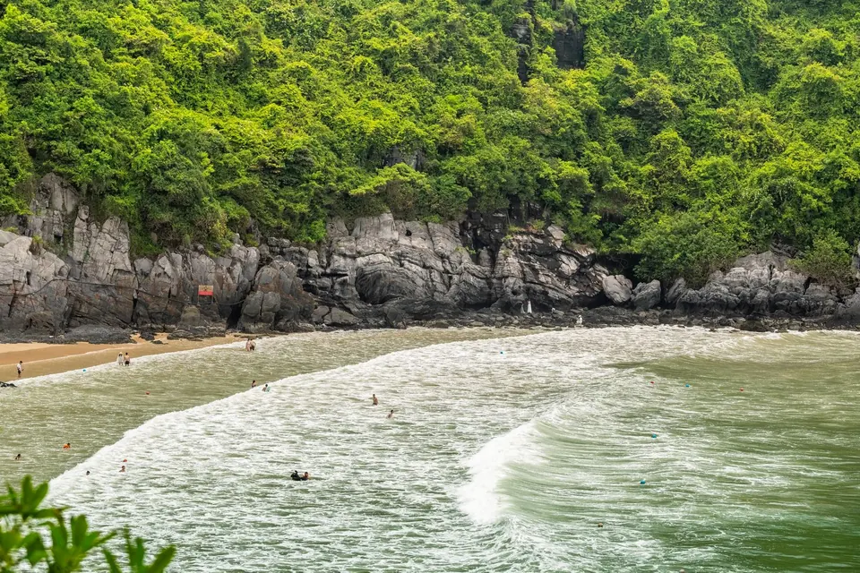 Waves rolling onto Cat Co beach under forested cliffs